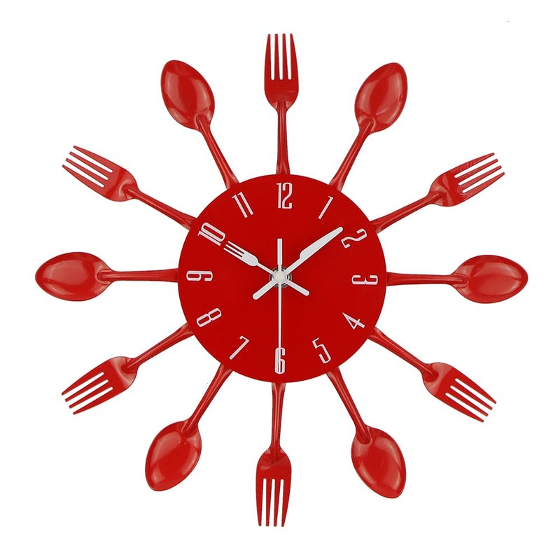 Timelike Kitchen Wall Clock, 3D Removable Modern Creative Cutlery Kitchen Spoon Fork Wall Clock Mirror Wall Decal Wall Sticker Room Home Decoration (Red) - Image 1